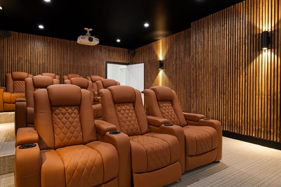 Load up a movie for ten in the custom theater and sink into the recliners — the closest thing to a private cinema your group will ever book.