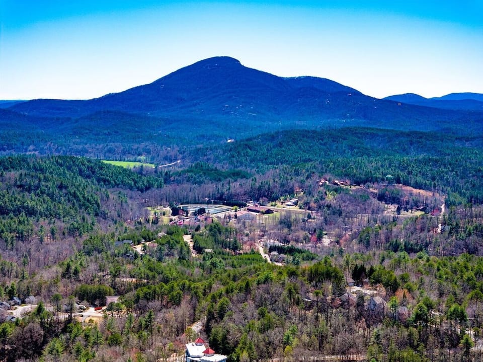 Aerial view surrounded by mountains