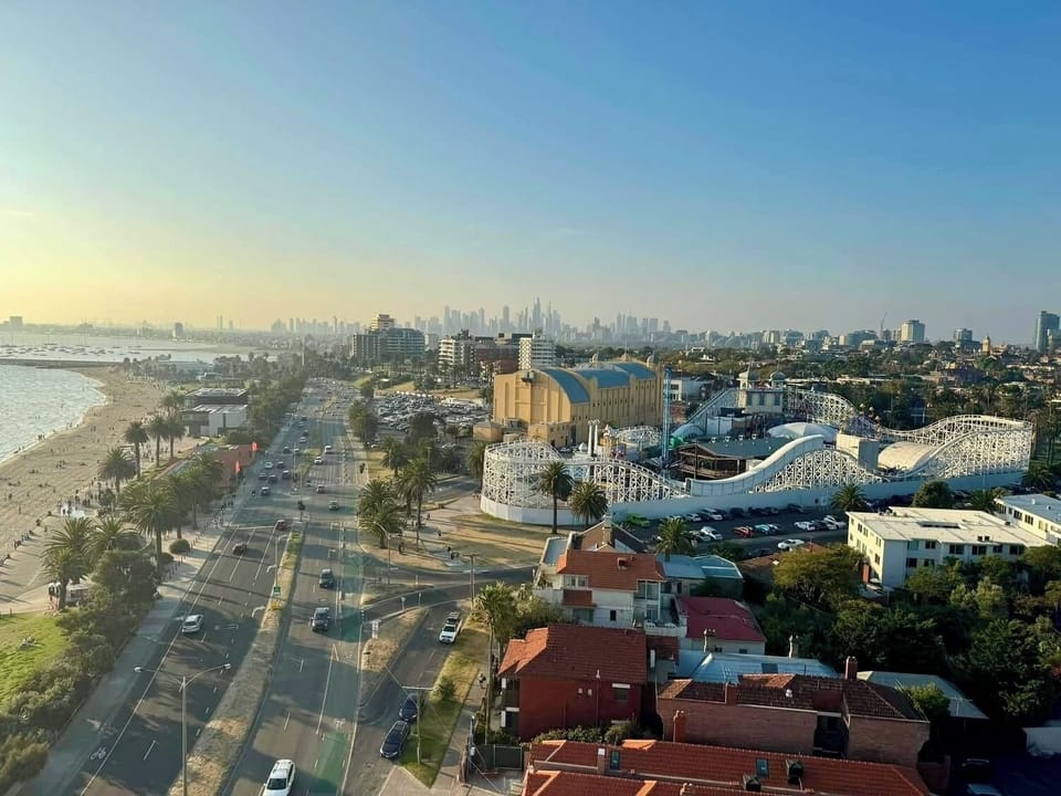 St Kilda aerial view.  Luna Park, beach and the famous cakes in Acland St