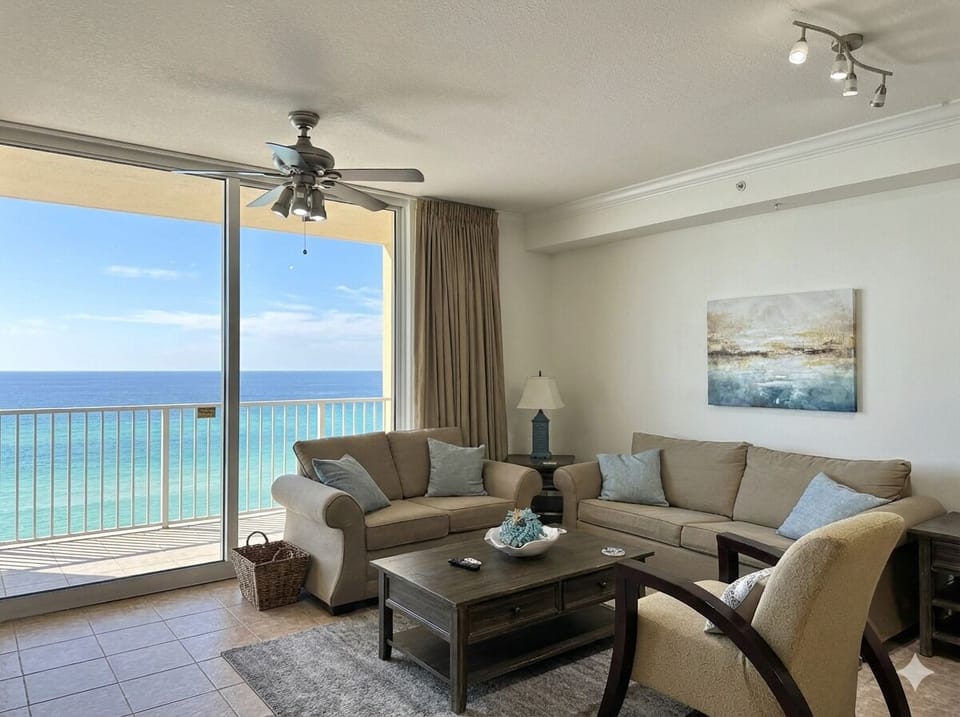 Soak in endless Gulf views from our airy living room and private balcony