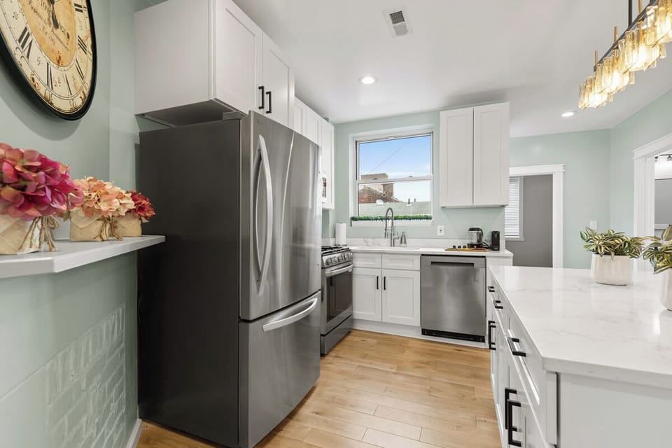 Brand new stainless steel kitchen appliances. 