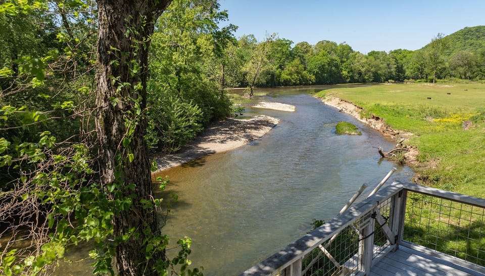 A clear deck-side view follows the calm river bend past rocky shallows and a tree-lined bank.