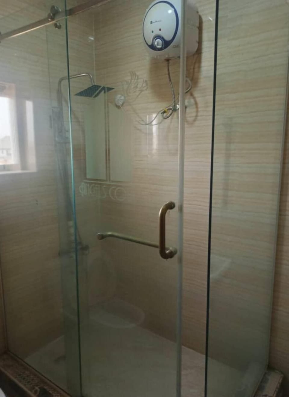 Shower, towels, soap, toilet paper