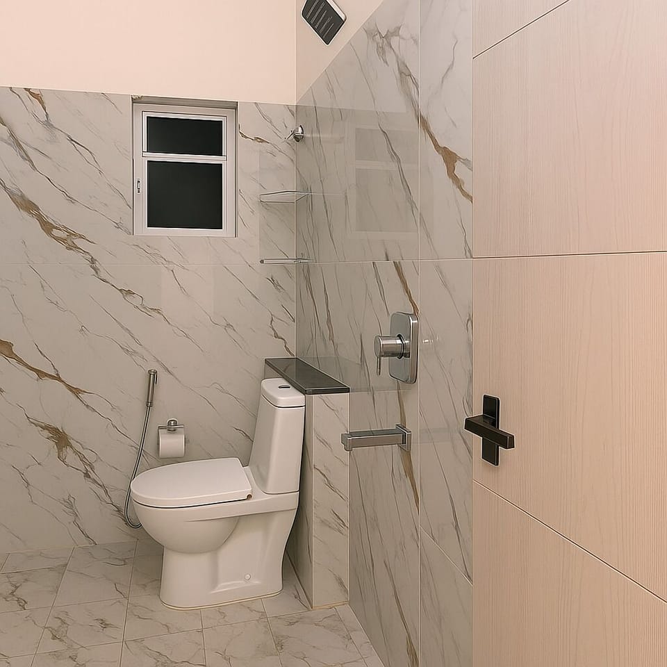 Shower, towels, soap, shampoo