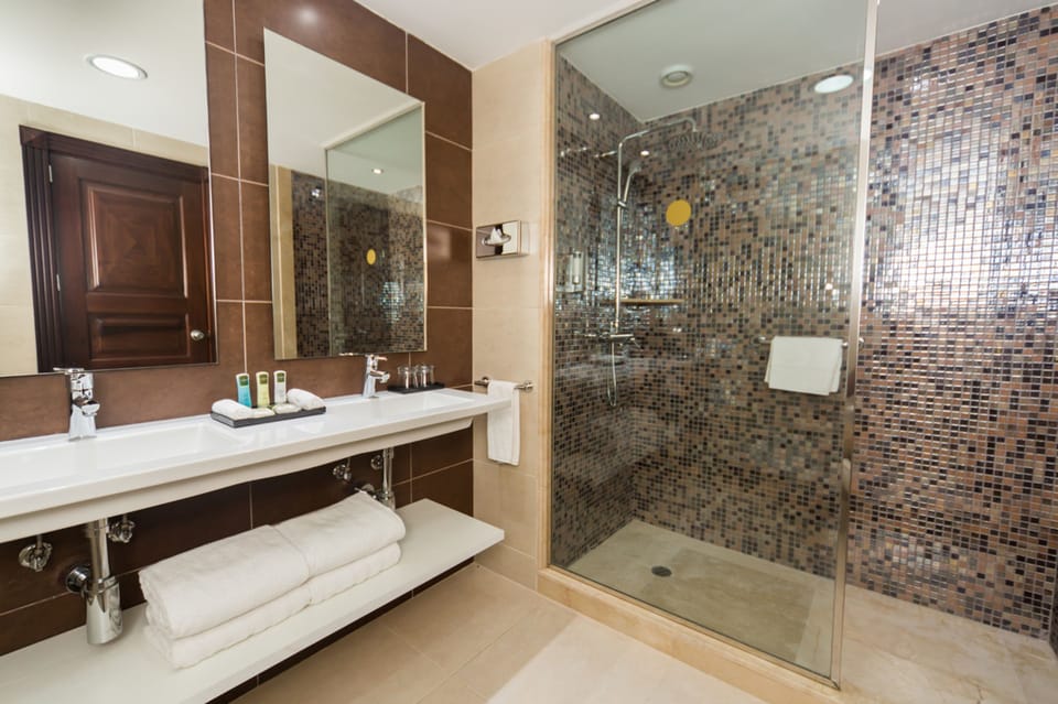Shower, designer toiletries, hair dryer, towels