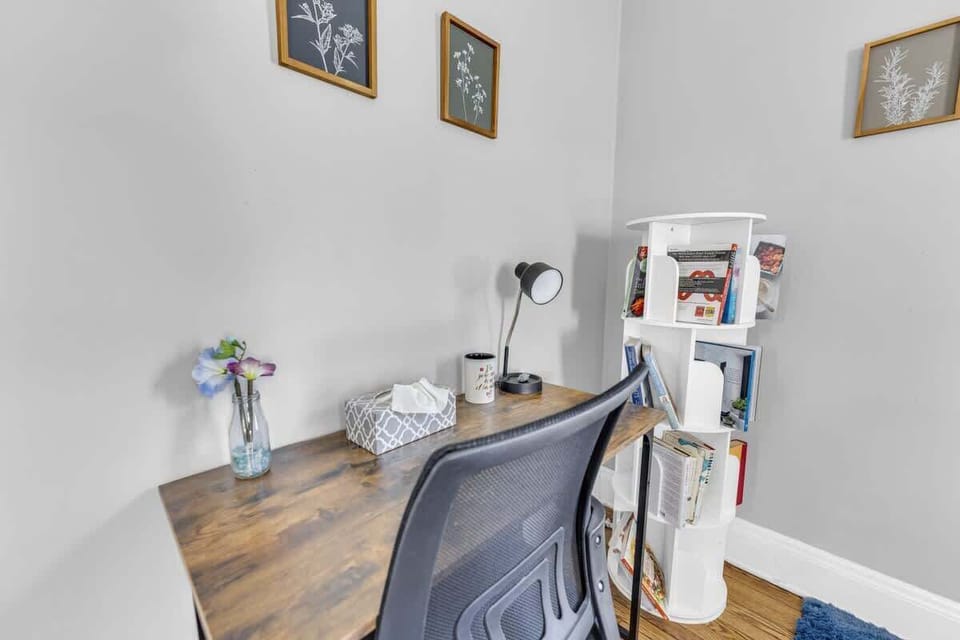 Quiet workspace w/ desk setup & natural light for focused mornings