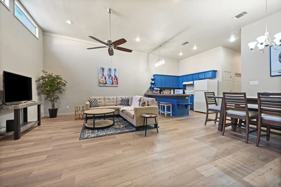 Movie night ready with comfy seating and entertainment.

