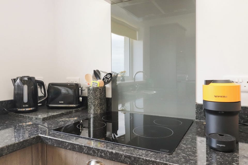 Fridge, dishwasher, toaster, cookware/dishes/utensils
