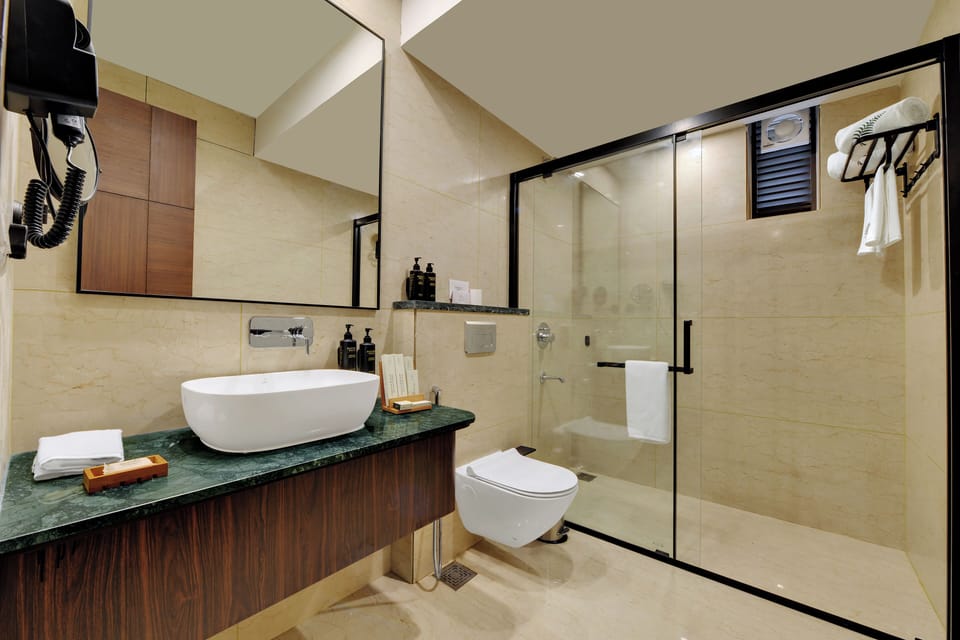 Hair dryer, towels, soap, shampoo