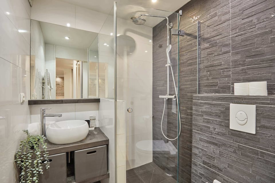 Salle de bain avec douche, lavabo et wc