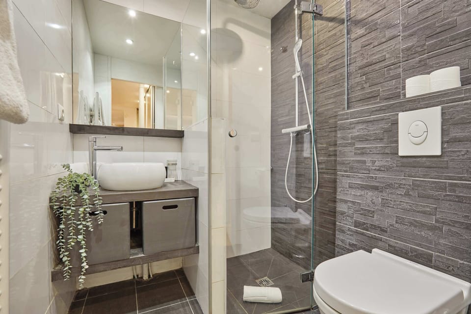 Salle de bain avec douche, lavabo et wc