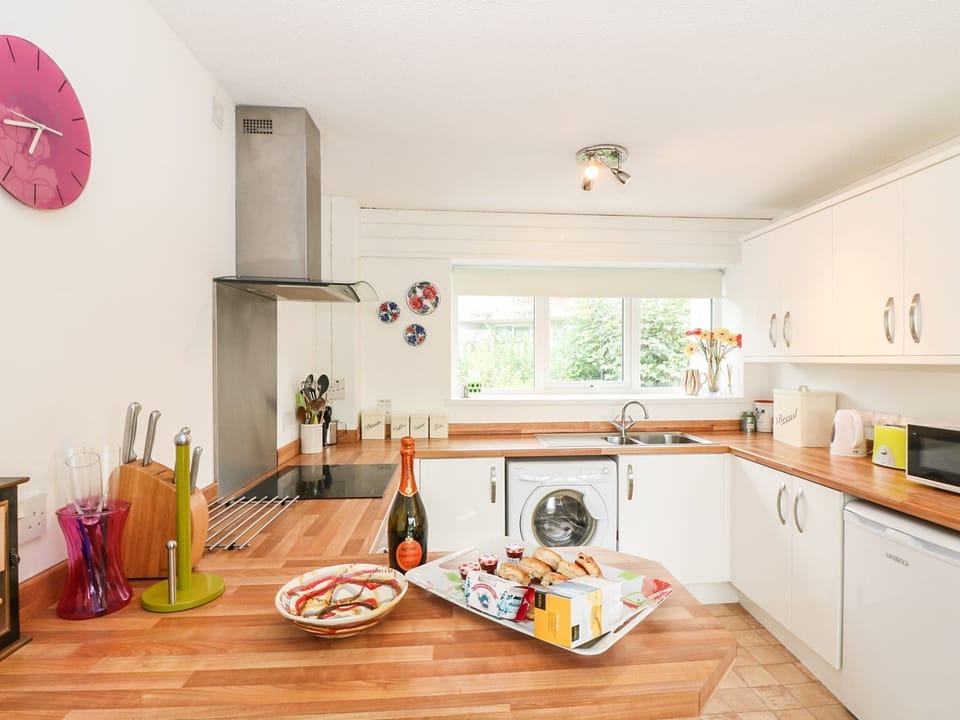 Fridge, microwave, toaster, cookware/dishes/utensils