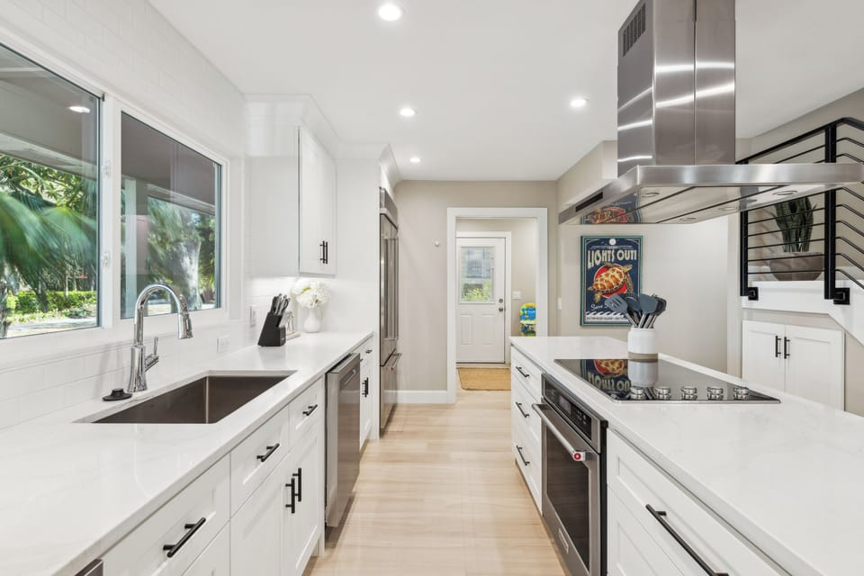 Kitchen with stainless steel appliances and is fully furnished.