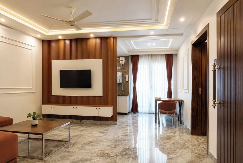 Deluxe Apartment, City View | Living area | 43-inch LED TV with satellite channels, Netflix, streaming services