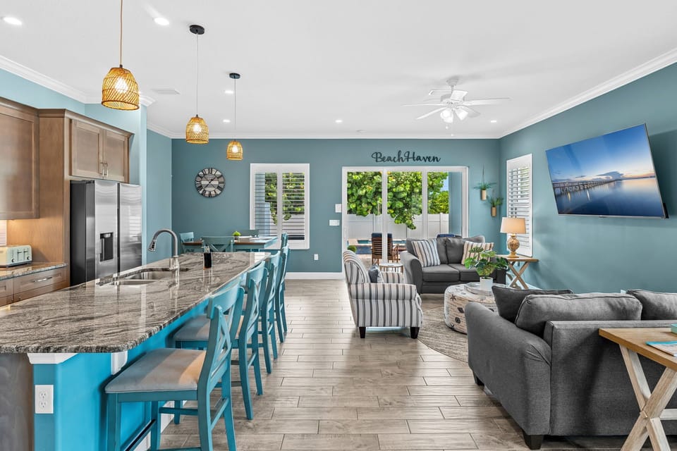 The downstairs living room and kitchen at Beach Haven. 