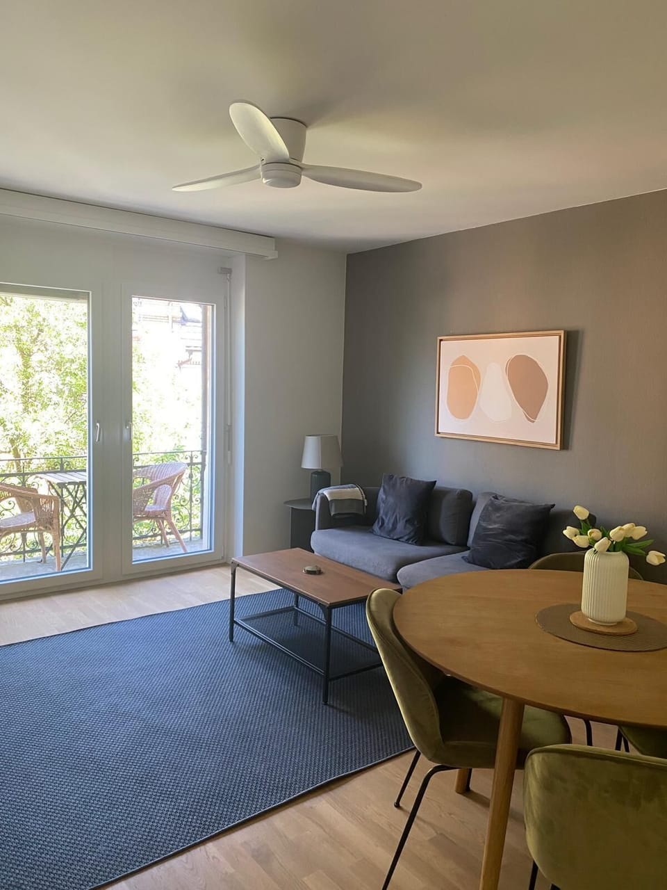 Living room with newly installed ceiling fan