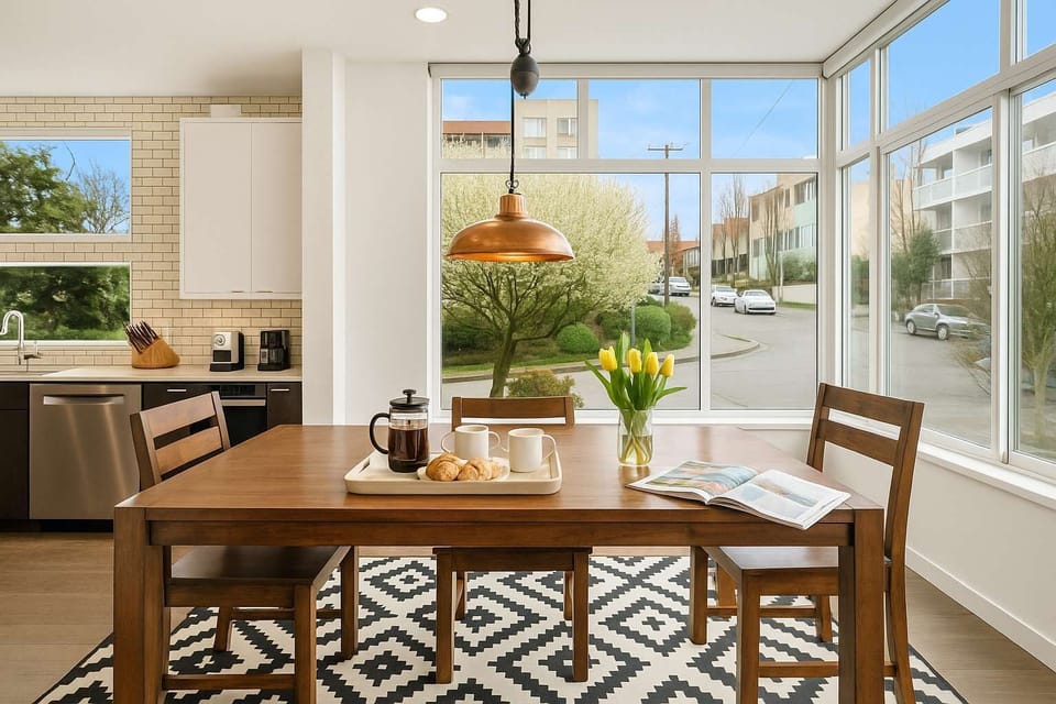 Open layout flows from kitchen to dining. Great for meals or informal gatherings.