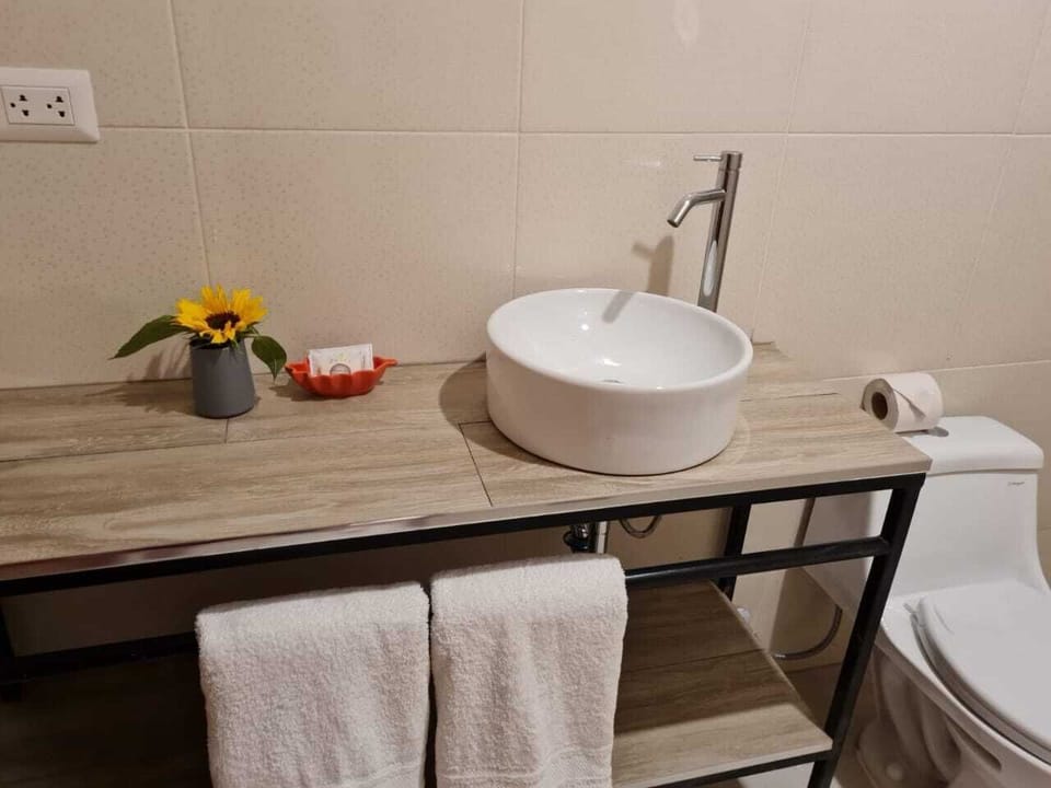 Shower, rainfall showerhead, towels, soap