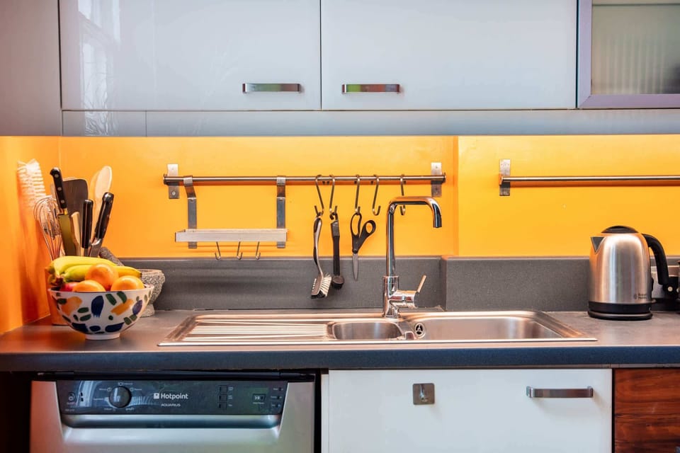 The kitchen is fully equipped to prepare a simple meal 
