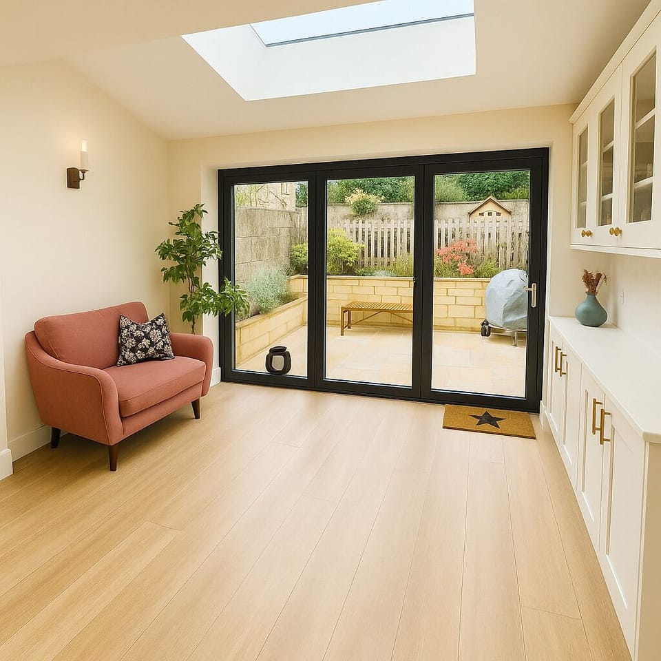 Bright entertaining space with a cozy dusty rose armchair, warm wooden floors, and floor-to-ceiling glass doors leading to a peaceful garden patio. This space seamlessly links the open-plan kitchen to the outdoors, perfect for relaxed living.