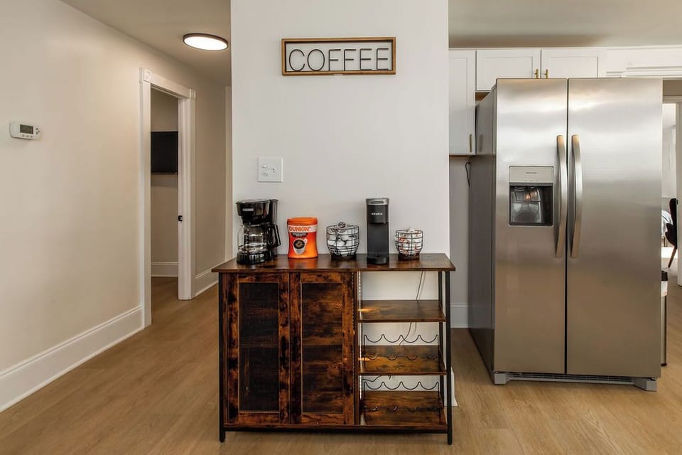 Coffee pot + Keurig. We provide ground coffee, kcups, and creamer 