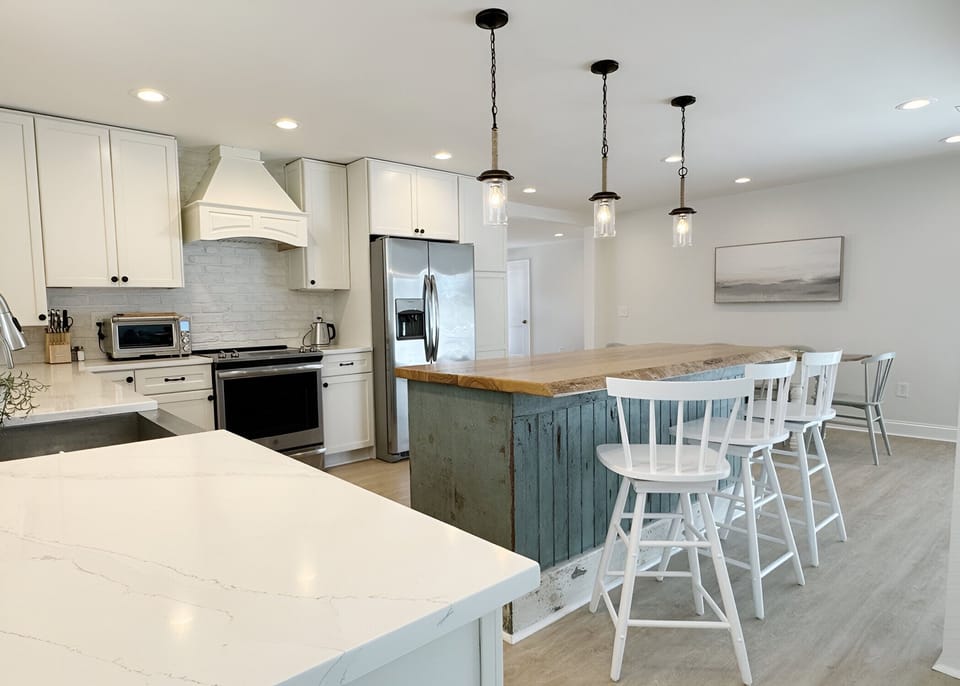 Spacious kitchen includes coffee maker, toaster oven and microwave.