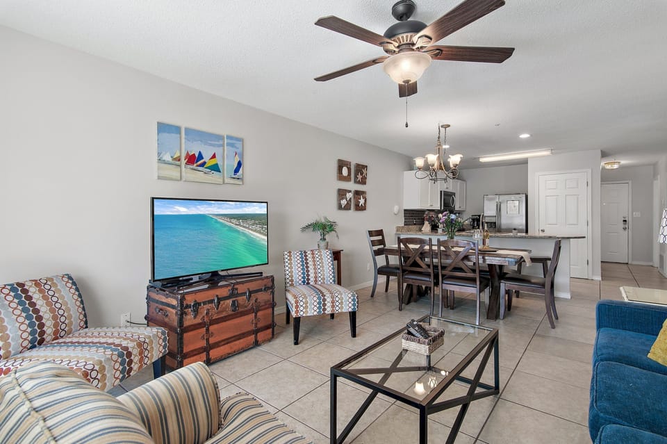 Living and dining flow together in this cheerful space.