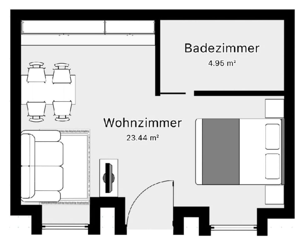Der Grundriss zeigt eine clevere Raumaufteilung mit einem offenen Wohnbereich, einem gemütlichen Schlafbereich und einem Badezimmer. Die großzügige Fensterfront sorgt für viel Tageslicht, während der Essbereich Platz für gesellige Abende bietet.
