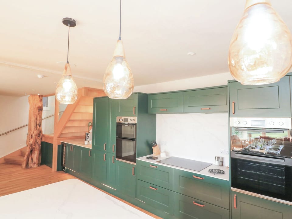 Fridge, microwave, dishwasher, cookware/dishes/utensils