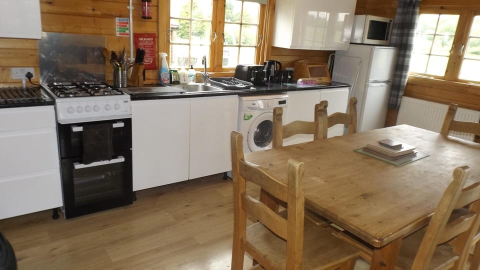 Cabin | Private kitchen | Fridge, microwave, oven, stovetop