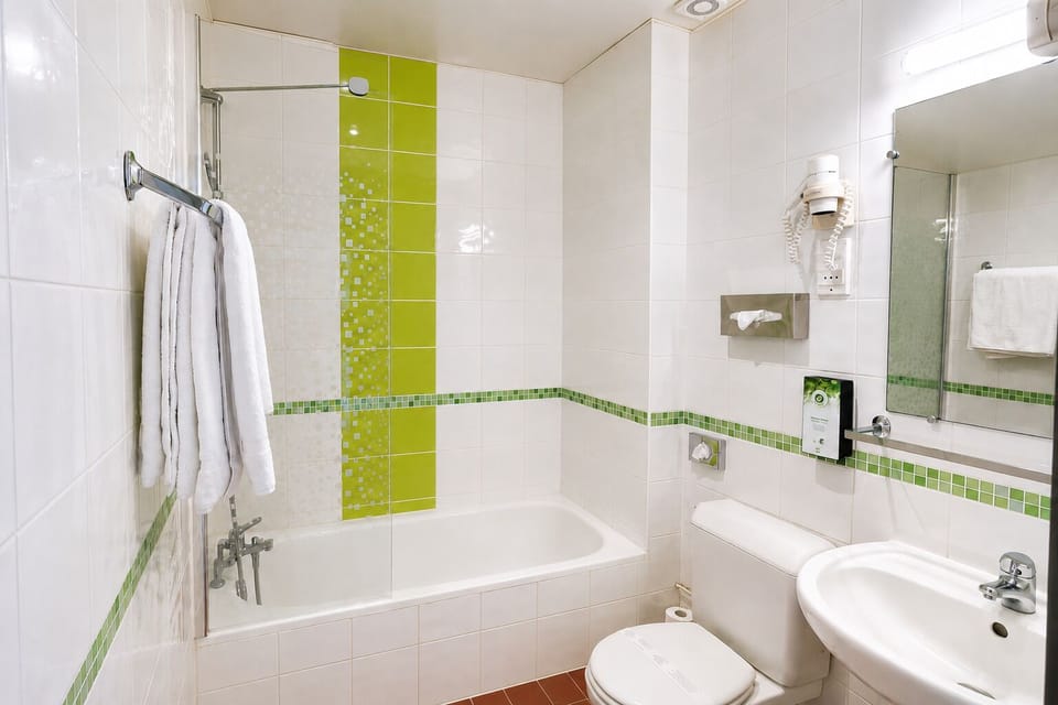 Eco-friendly toiletries, hair dryer, towels