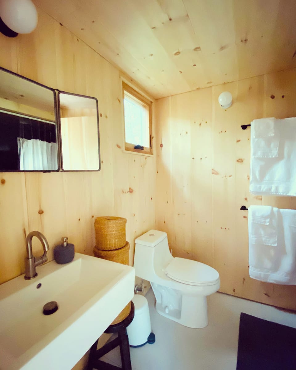 Spacious bathroom with a walk in shower, and adjustable mirror and plush towels.