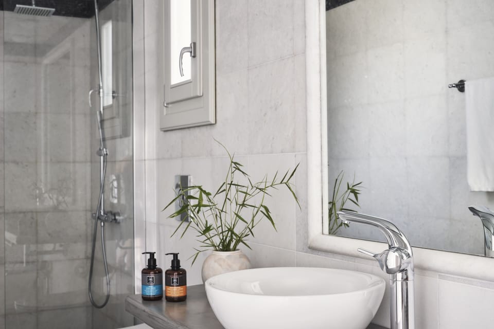 Shower, designer toiletries, hair dryer, bathrobes