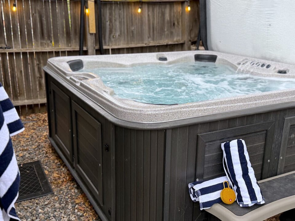 Hot tub is cleaned regularly and available for use year-round.