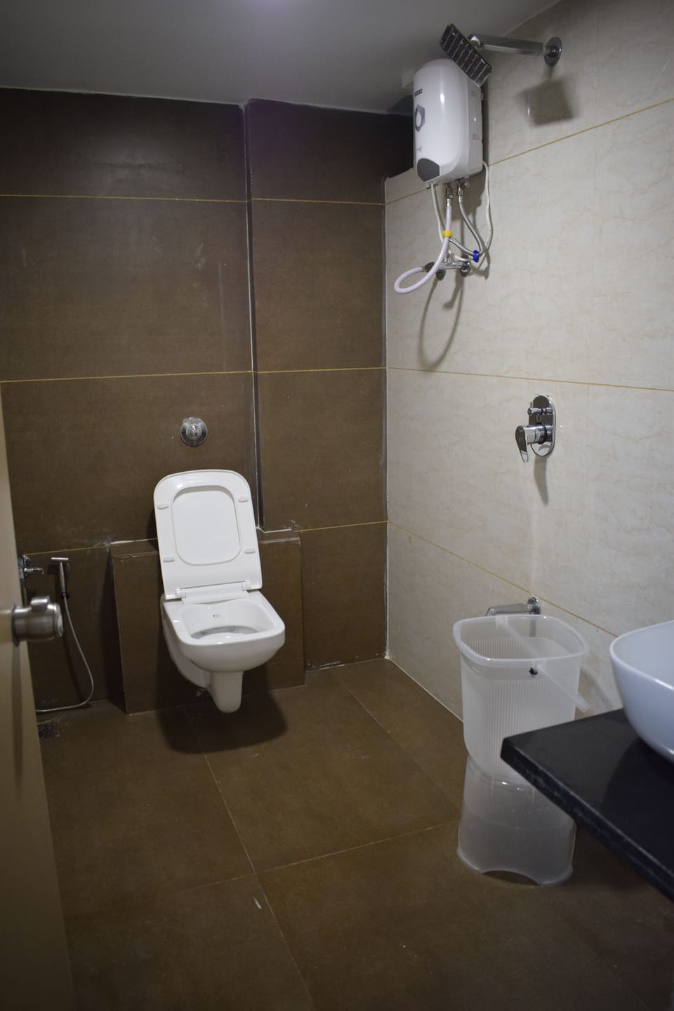 Hair dryer, slippers, towels, soap