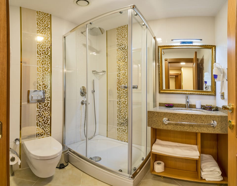 Shower, free toiletries, hair dryer, slippers