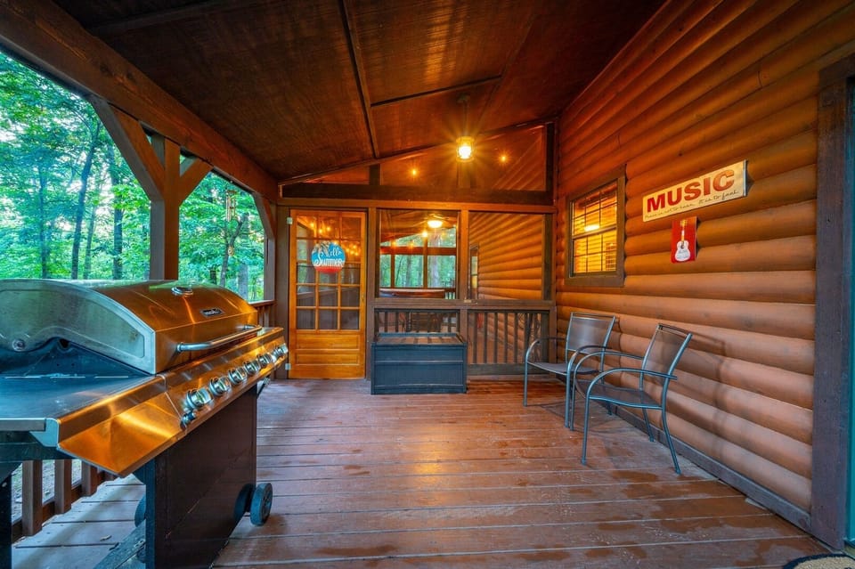 Screened-in porch and multiple outdoor seating areas
