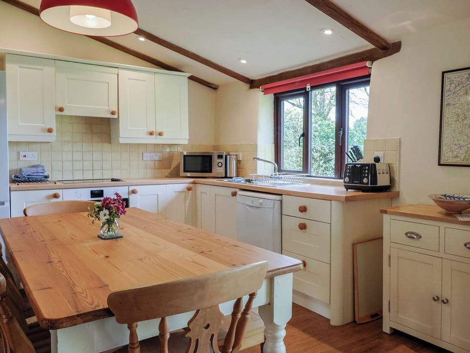 Fridge, microwave, dishwasher, cookware/dishes/utensils