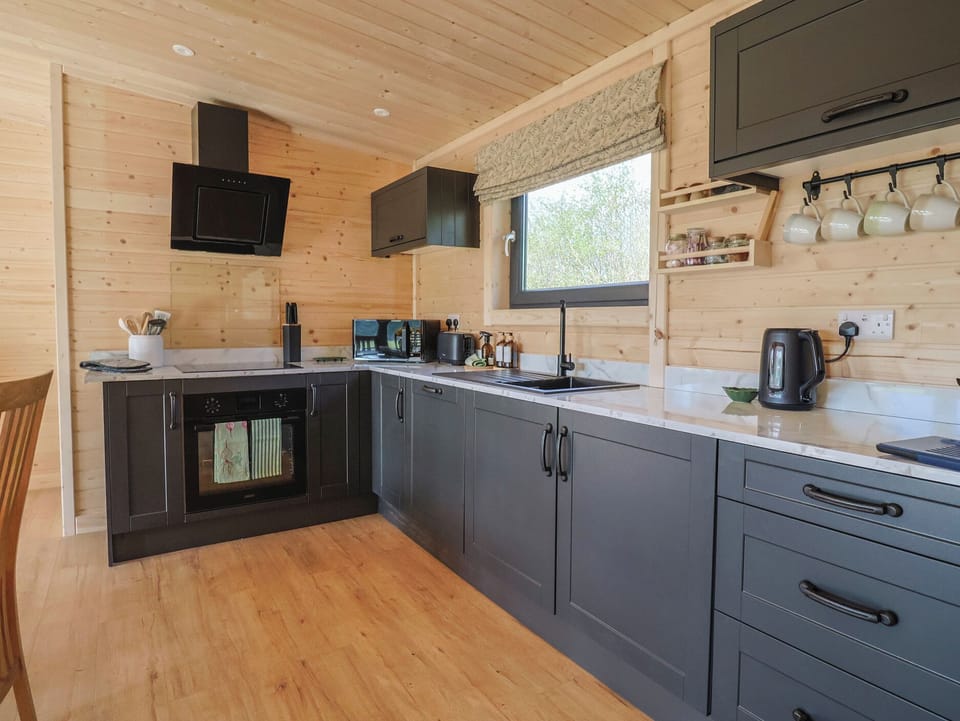 Fridge, microwave, dishwasher, cookware/dishes/utensils