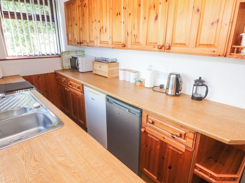 Fridge, microwave, dishwasher, cookware/dishes/utensils