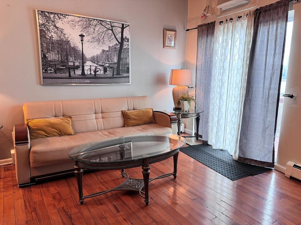 Living room area, fireplace, desk, full size, pullout sofa, TV, AC, ceiling fan.