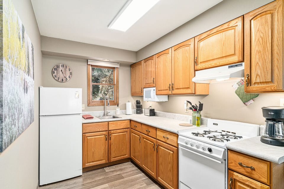 You`ll find all the necessary supplies for cooking and eating in the kitchen, including spices, oils, baggies, foil, Saran wrap, and more.
