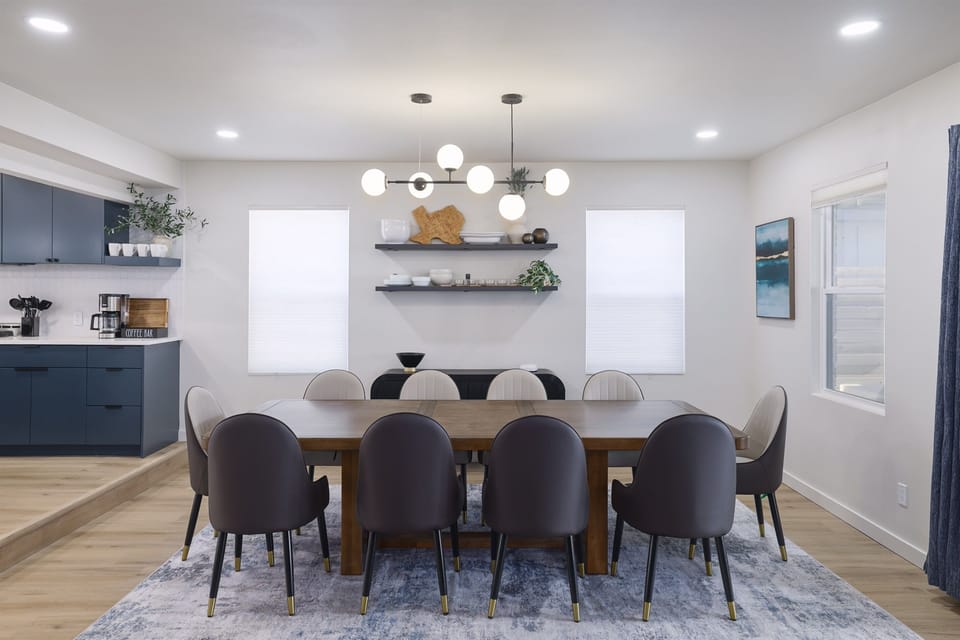 The dining area is the focal point of the open floor plan.