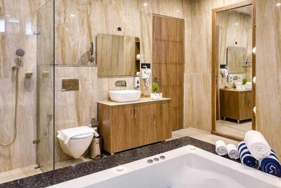 Hair dryer, bathrobes, slippers, bidet