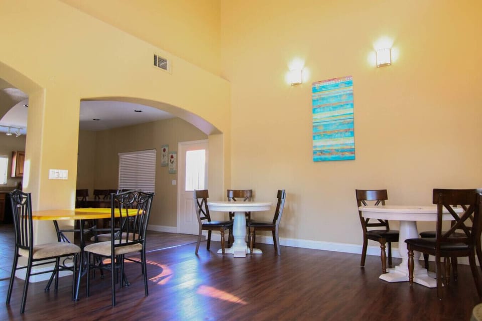 Shared dining/gathering space in REC center.