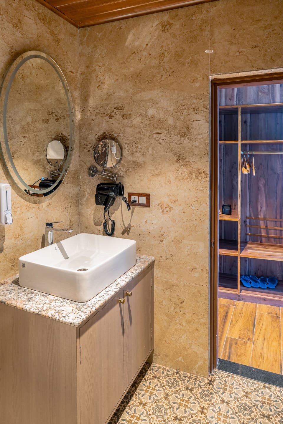 Hair dryer, slippers, towels, soap