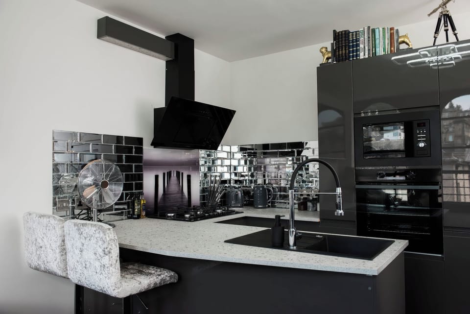 Fridge, microwave, toaster, cookware/dishes/utensils