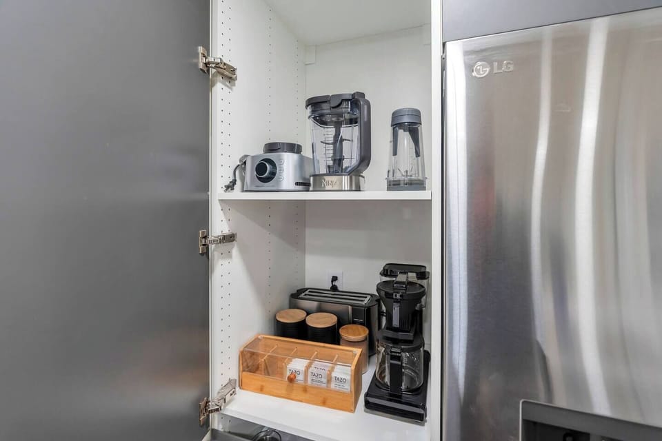 Moccamaster, coffee, tea, blender, and supplies