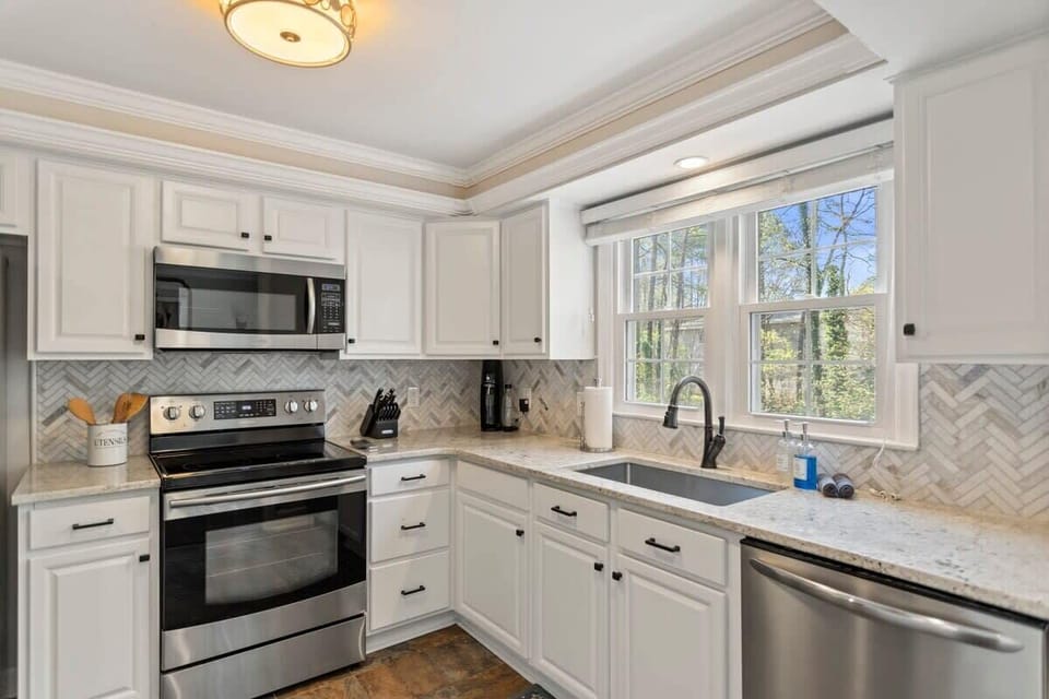 View of the kitchen with new appliances.