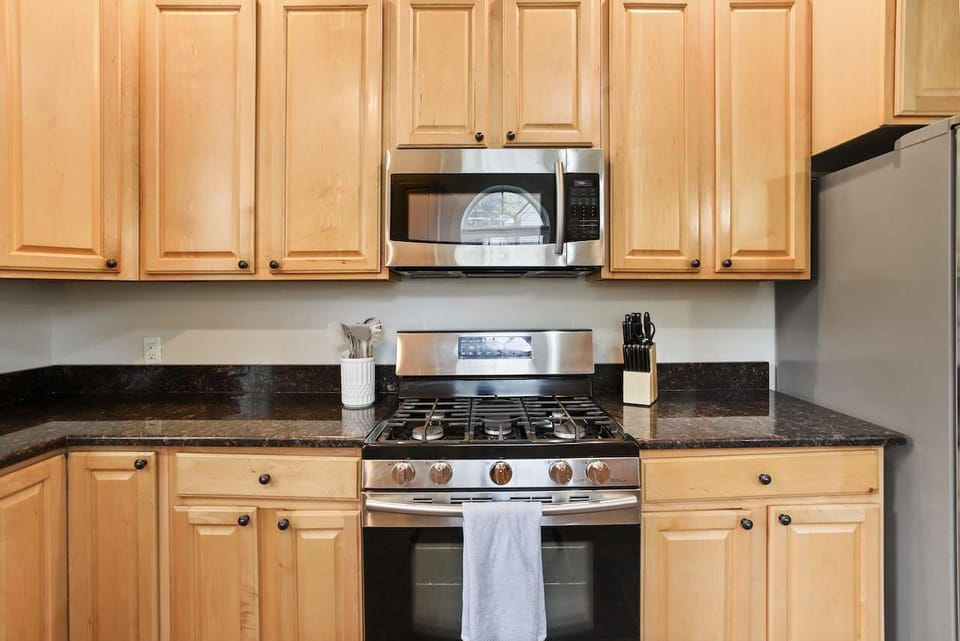 A view of our gas stove in the kitchen.